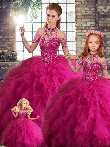 Sexy Fuchsia Sleeveless Tulle Lace Up Quinceanera Dress for Military Ball and Sweet 16 and Quinceanera