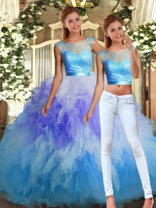 Popular Sleeveless Floor Length Lace and Ruffles Backless Sweet 16 Quinceanera Dress with Multi-color