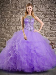 Most Popular Lavender Ball Gowns Scoop Sleeveless Tulle Brush Train Lace Up Beading and Ruffles Quinceanera Dresses