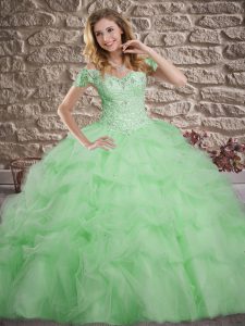 Deluxe Off The Shoulder Sleeveless Sweep Train Lace Up Quince Ball Gowns Green Tulle