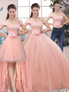 Fantastic Pink Tulle Lace Up Off The Shoulder Short Sleeves Floor Length 15 Quinceanera Dress Lace and Hand Made Flower