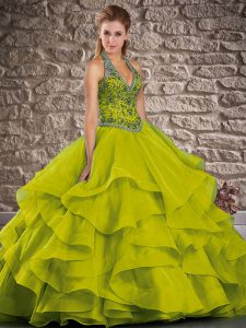 Custom Design Olive Green 15th Birthday Dress Military Ball and Sweet 16 and Quinceanera with Beading and Ruffles Halter