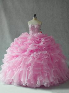 Baby Pink Lace Up Strapless Beading and Ruffles and Pick Ups Sweet 16 Dress Organza Sleeveless Brush Train