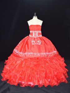 Sumptuous Red 15th Birthday Dress Sweet 16 and Quinceanera with Embroidery and Ruffles Strapless Sleeveless Lace Up