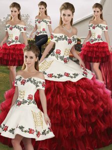 Sweet Wine Red Ball Gowns Organza Off The Shoulder Sleeveless Embroidery and Ruffled Layers Floor Length Lace Up Sweet 1