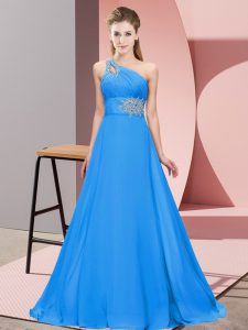 Glamorous Blue Empire Chiffon One Shoulder Sleeveless Beading Floor Length Lace Up Prom Party Dress