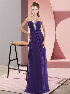 Purple Sleeveless Floor Length Beading Zipper Prom Dresses