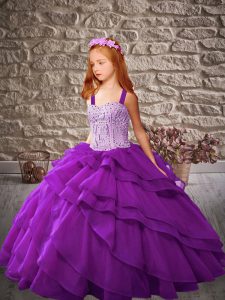 Sleeveless Beading and Ruffled Layers Lace Up Little Girl Pageant Gowns