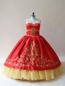 Fantastic Red Satin Lace Up Sweetheart Sleeveless Quinceanera Dresses Embroidery