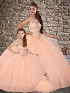 Elegant Peach Ball Gowns Scoop Sleeveless Tulle Brush Train Backless Beading 15th Birthday Dress