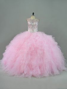 Best Baby Pink Ball Gowns Beading and Ruffles Quinceanera Dresses Lace Up Tulle Sleeveless Floor Length