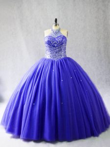 Stunning Lace Up Quinceanera Gowns Blue for Sweet 16 and Quinceanera with Beading Brush Train
