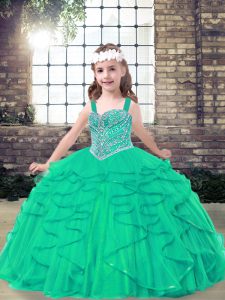 Turquoise Straps Lace Up Beading Little Girls Pageant Dress Sleeveless