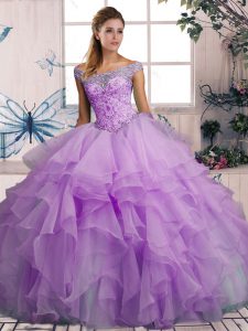 Beading and Ruffles Quince Ball Gowns Lavender Lace Up Sleeveless Floor Length