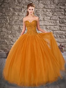Pretty Brown Ball Gowns Sweetheart Sleeveless Tulle Brush Train Lace Up Embroidery Ball Gown Prom Dress