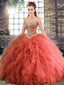 Adorable Coral Red Lace Up Quinceanera Dress Beading and Ruffles Sleeveless Floor Length