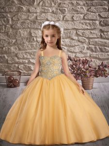 Gold Sleeveless Sweep Train Beading Pageant Gowns For Girls