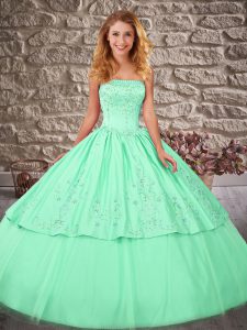 Dramatic Apple Green Satin and Tulle Lace Up Strapless Sleeveless Quince Ball Gowns Brush Train Embroidery