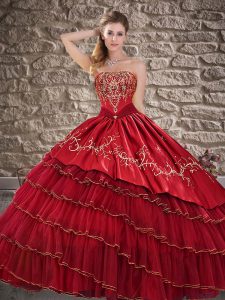 Suitable Red Ball Gowns Sweetheart Sleeveless Organza Floor Length Lace Up Embroidery and Ruffled Layers Sweet 16 Quince