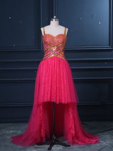 Eye-catching Hot Pink Tulle Zipper Straps Sleeveless High Low Prom Party Dress Beading and Lace and Sequins