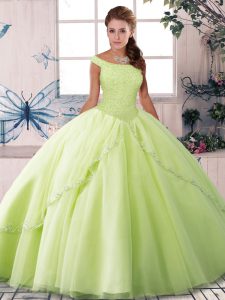 Affordable Yellow Green Sweet 16 Quinceanera Dress Tulle Brush Train Sleeveless Beading