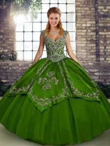 Flare Straps Sleeveless 15 Quinceanera Dress Floor Length Beading and Embroidery Olive Green Tulle