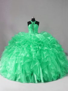 Fantastic Sleeveless Beading and Ruffles Lace Up 15th Birthday Dress with Green Brush Train