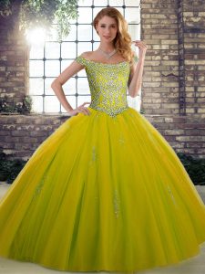Floor Length Lace Up Sweet 16 Quinceanera Dress Olive Green for Military Ball and Sweet 16 and Quinceanera with Beading