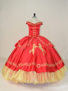 Attractive Floor Length Red Vestidos de Quinceanera Satin and Organza Sleeveless Embroidery