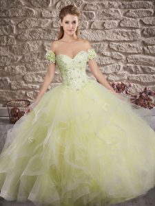 Sweetheart Sleeveless Sweet 16 Quinceanera Dress Brush Train Lace and Ruffles Yellow Tulle