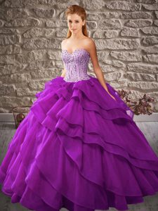 Enchanting Purple Sweetheart Neckline Beading and Ruffled Layers 15 Quinceanera Dress Sleeveless Lace Up