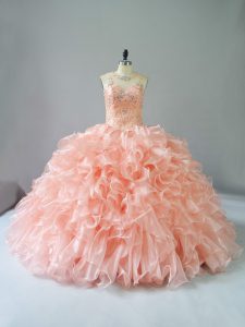 Sleeveless Organza Lace Up Quince Ball Gowns in Peach with Beading and Ruffles