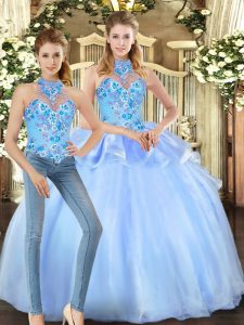 Blue Lace Up Halter Top Embroidery Sweet 16 Dress Organza Sleeveless