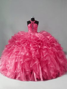 Halter Top Sleeveless Quince Ball Gowns Beading and Ruffles Hot Pink Organza