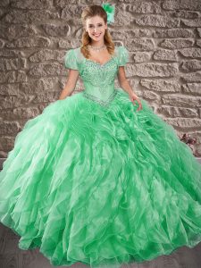 Turquoise Lace Up Quinceanera Gown Beading and Ruffles Sleeveless Sweep Train