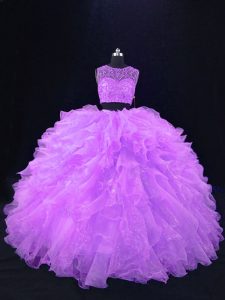 Adorable Lavender Two Pieces Scoop Sleeveless Organza Floor Length Zipper Beading and Ruffles 15 Quinceanera Dress