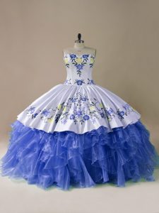 Blue And White Lace Up Quince Ball Gowns Embroidery and Ruffles Sleeveless Brush Train