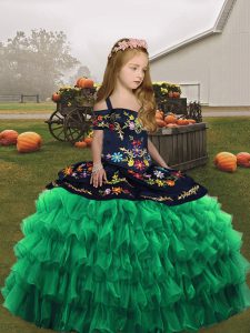 Green Kids Formal Wear Party and Wedding Party with Embroidery Straps Sleeveless Lace Up