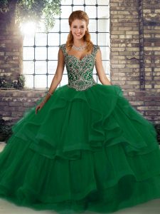 Modest Straps Sleeveless Tulle Quinceanera Gowns Beading and Ruffles Lace Up