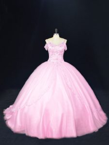 Stylish Sleeveless Beading Lace Up Quinceanera Gown with Baby Pink Court Train