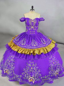Off The Shoulder Sleeveless Lace Up Quinceanera Gown Purple Satin