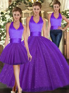 Purple Halter Top Lace Up Ruching Quinceanera Gowns Sleeveless