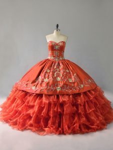 Sweetheart Sleeveless Vestidos de Quinceanera Floor Length Embroidery and Ruffles Orange Red Satin and Organza