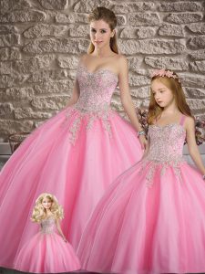 Custom Designed Appliques 15 Quinceanera Dress Rose Pink Lace Up Sleeveless Floor Length
