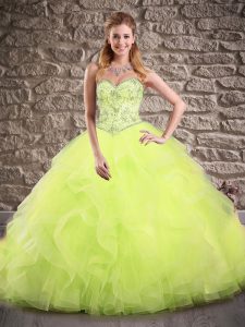 Lace Up Quinceanera Dresses Yellow Green for Military Ball and Sweet 16 and Quinceanera with Beading and Ruffles Brush T