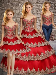 Sleeveless Satin Floor Length Lace Up Quinceanera Gowns in Wine Red with Appliques and Ruffled Layers