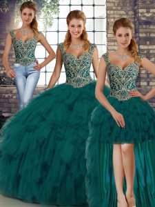 Suitable Beading and Ruffles Vestidos de Quinceanera Peacock Green Lace Up Sleeveless Floor Length