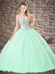 Straps Sleeveless Sweet 16 Dresses Floor Length Beading and Lace Apple Green Tulle