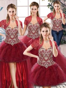 Dazzling Floor Length Lace Up Sweet 16 Quinceanera Dress Burgundy for Military Ball and Sweet 16 and Quinceanera with Be