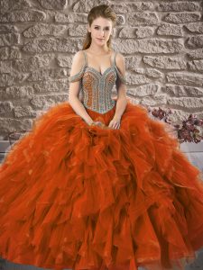 Comfortable Rust Red Tulle Lace Up Off The Shoulder Sleeveless Floor Length Quince Ball Gowns Beading and Ruffles